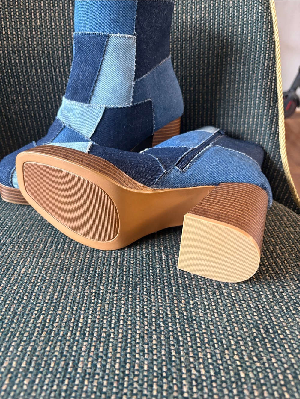 Patchwork Denim Platform Ankle Boots - Blue Multi - Picture 4 of 8